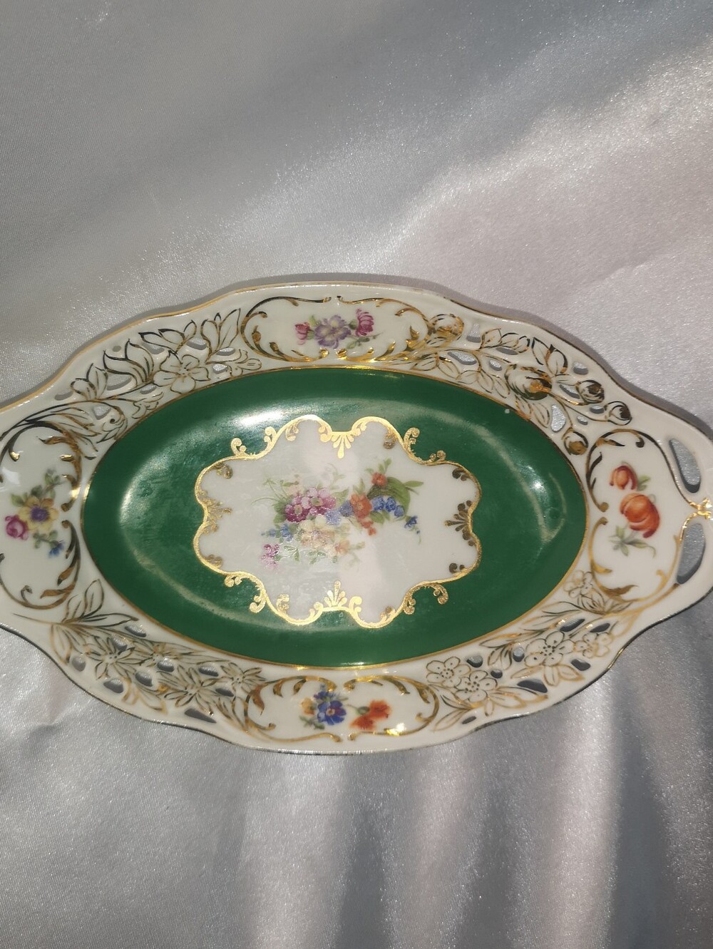 Antique Dresden Reticulated Porcelain 8" Green  Gold Floral Pickle Dish, Stamped